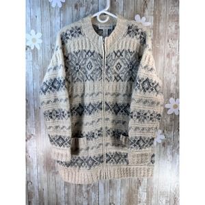 Jones‎ New York Womens Cardigan Sz L Petite Ivory Gray Hand Knit Wool Blended